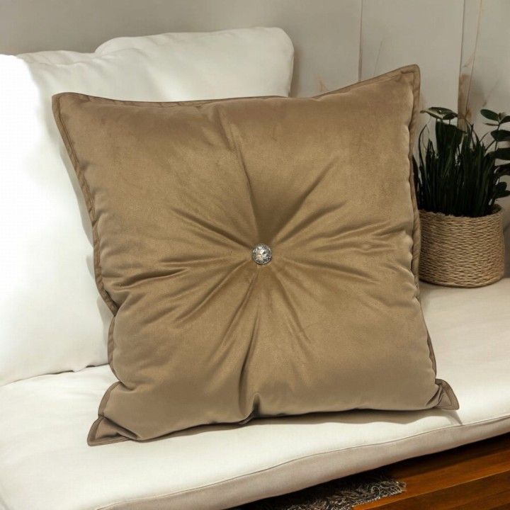 Beżowa Poduszka Glamour z Kryształowym Guzikiem