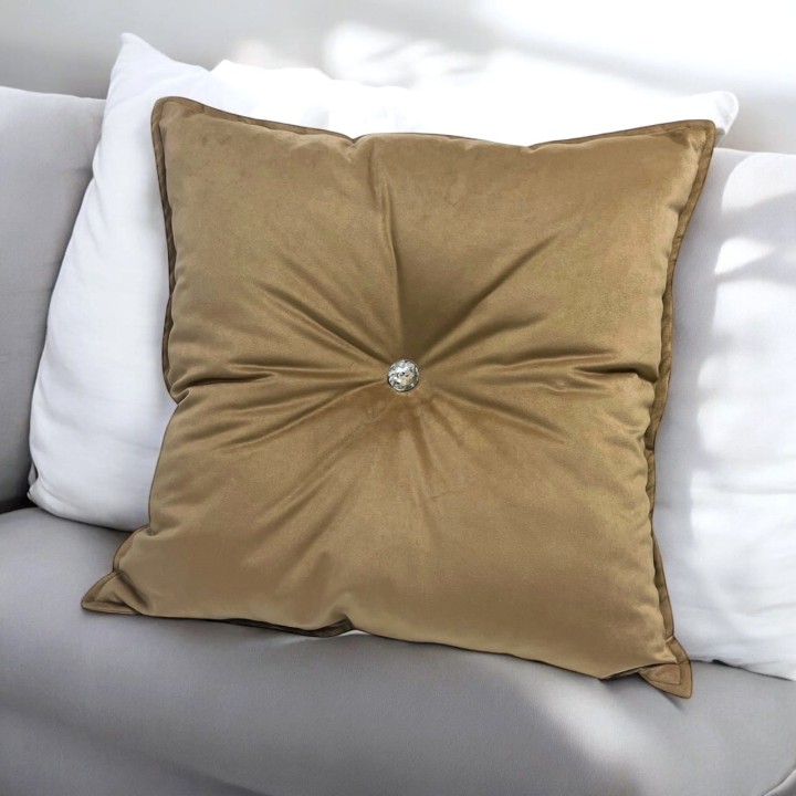 Beżowa Poduszka Glamour z Kryształowym Guzikiem