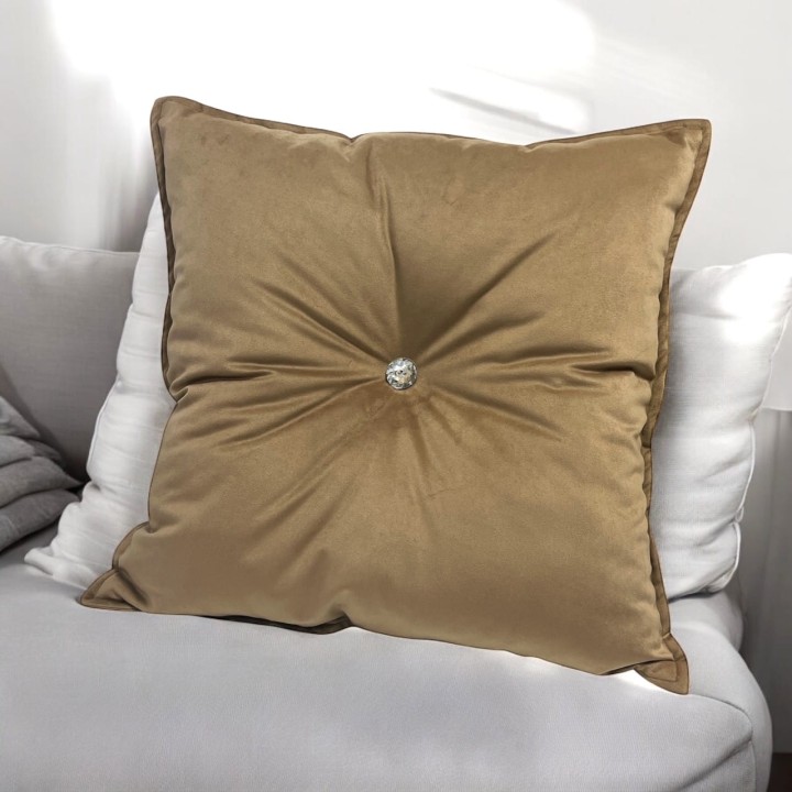 Beżowa Poduszka Glamour z Kryształowym Guzikiem