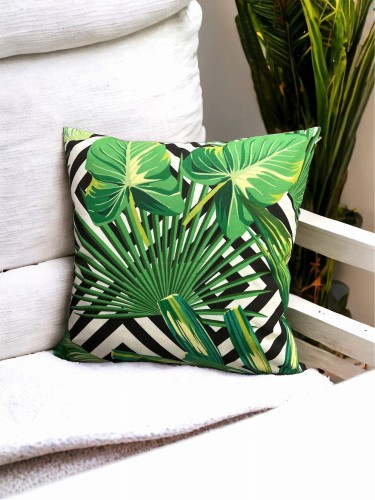 Bawełniana poszewka z zielonymi liśćmi na geometrycznym tle