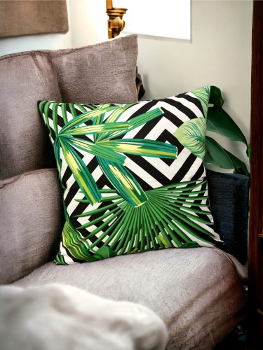 Bawełniana poszewka z zielonymi liśćmi na geometrycznym tle